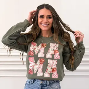 Faux Patchwork Mama, DTF Print, Cottage Core Thrifting Mama, Retro Faux Quilt, Pink Fabric Letters, Preppy Mama Design, Trendy Mom (NOT Real Fabric Patches) Sweatshirt
