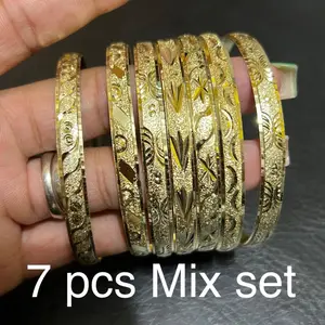 7 pc weekly Empress bangles 1 size gold / Tri   Patterns 22 k diamonds  cut Bangle Bracelets for Women Fashion Jewelry Accessories