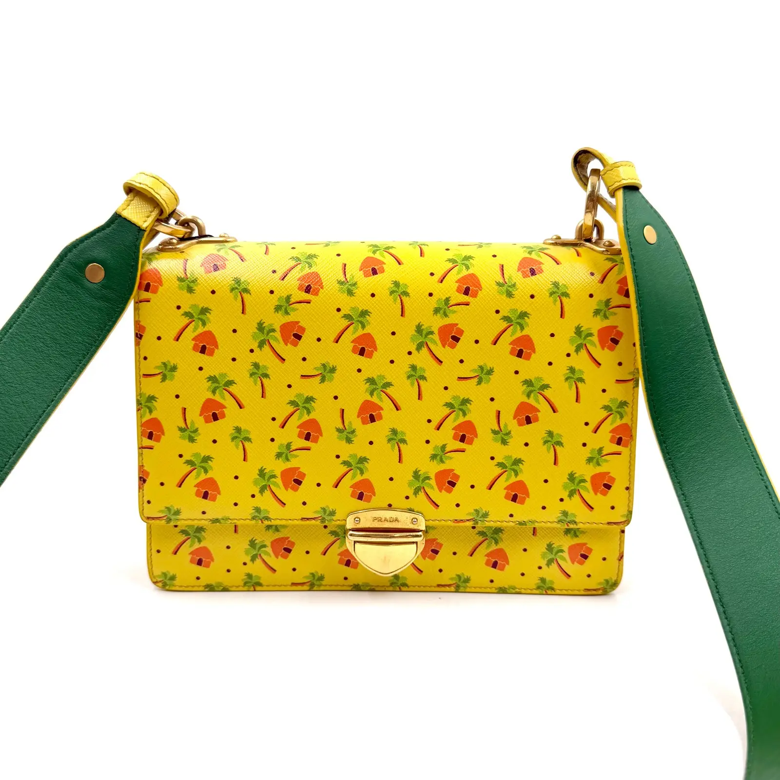 Pre-owned PRADA As Shown Crossbody Bags HZ 5007 Saffiano Yellow Tropical Print Flap Crossbody Bag 26.06.05