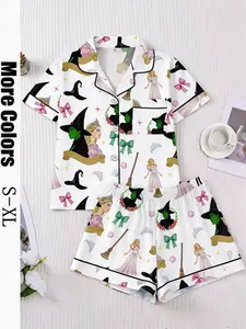 Women's Two-Piece Printed Sleepwear Set, Short Sleeve Button-Down Shirt, Pocketed Elastic Waist Shorts, Soft Casual Spring Summer