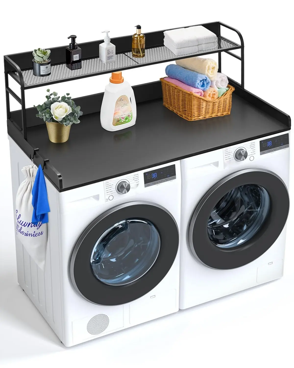 Washer And Dryer Countertop With Shelf, 27.55-Inch Depth By 54-Inch Width Laundry Wood Top Cover With Anti-Slip Strips, Over Washer And Dryer Wood Countertop With Edge Rails, Black Finish
