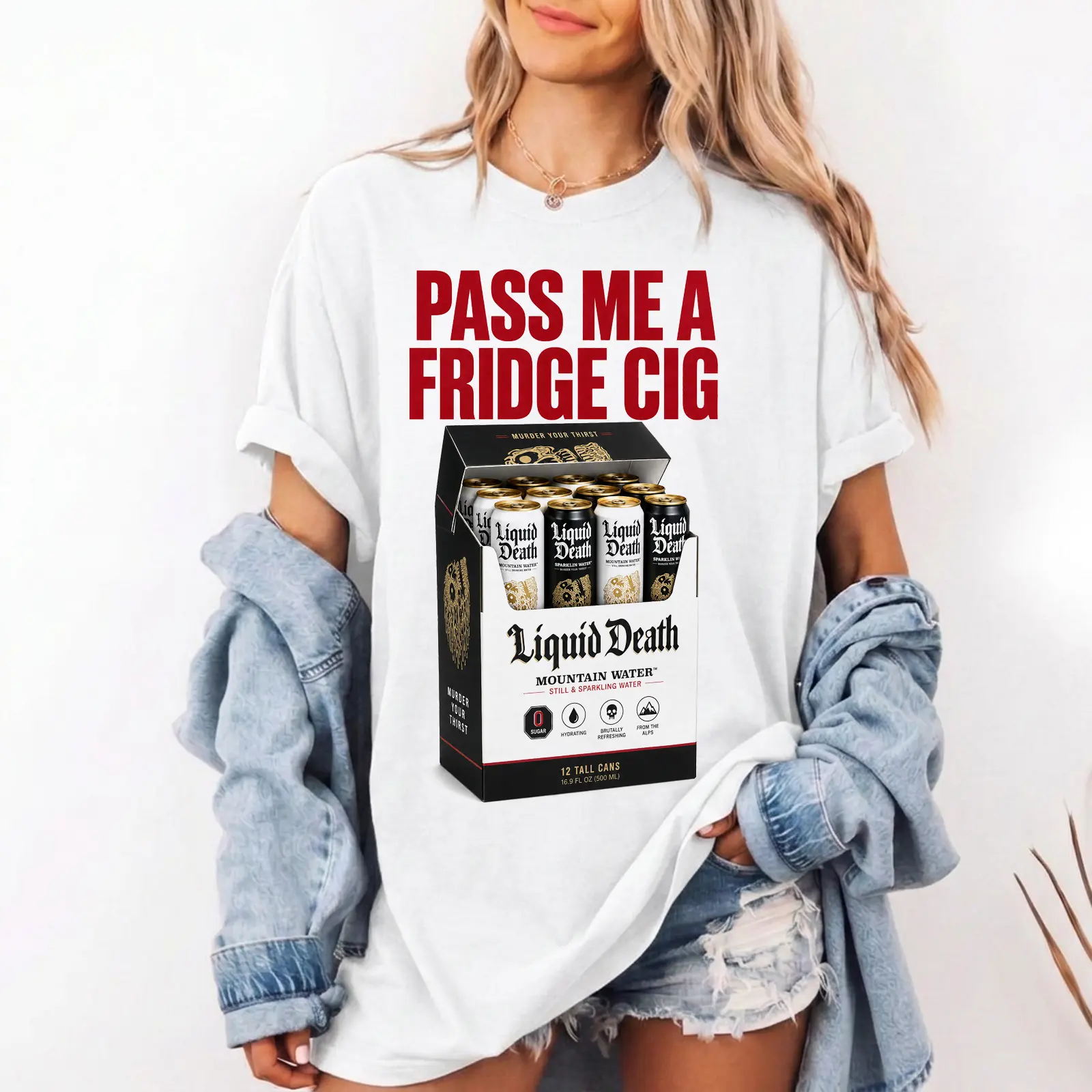 Liquid Death Mountain Water Cigarette Pack Parody T-Shirt, Funny PASS ME A FRIDGE CIG Shirt, Edgy Meme Graphic Tee