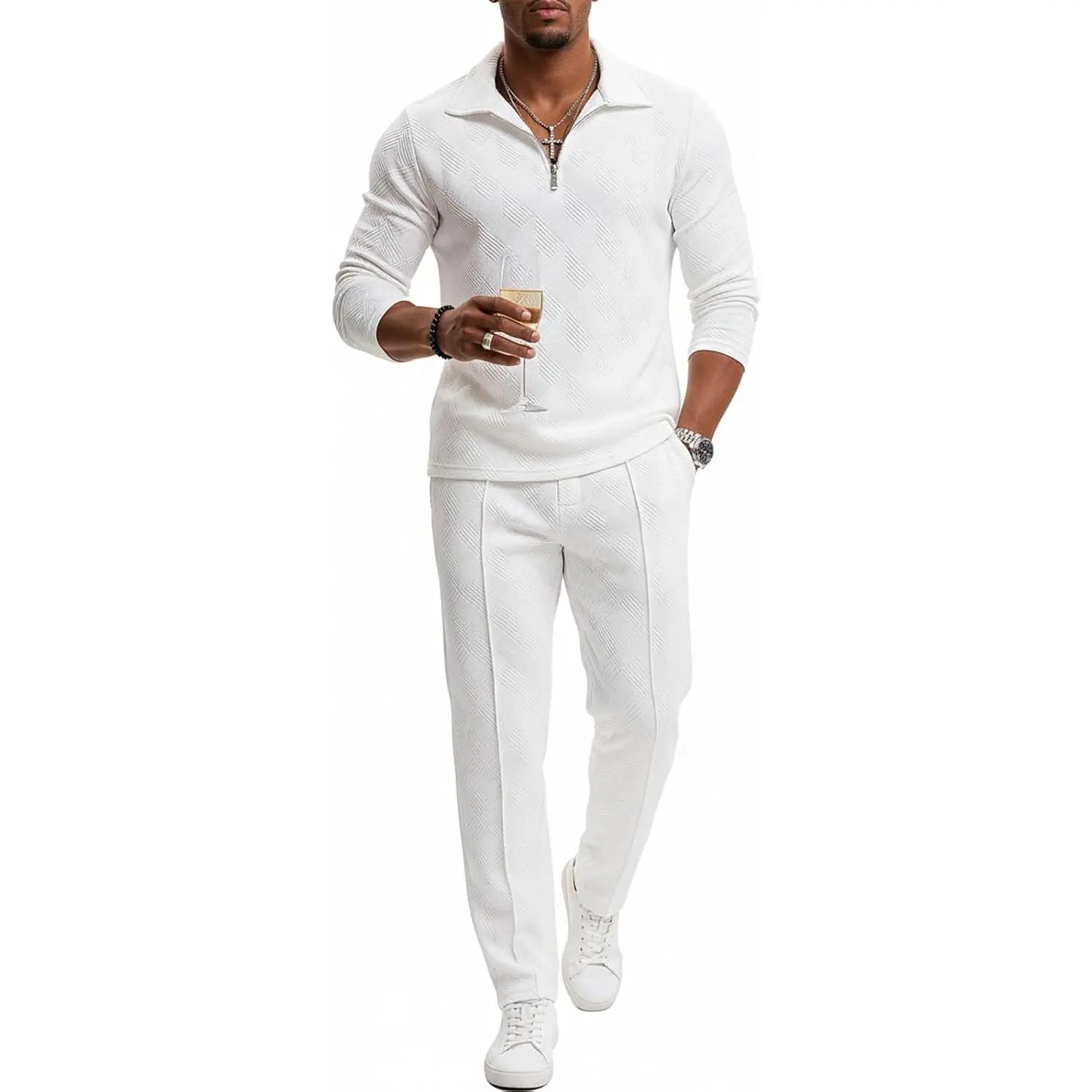 Men's Modern 2-Piece Tracksuit Set,Long Sleeve Polo Shirt & Jogger Pants, Casual Loungewear Sweatsuit Men