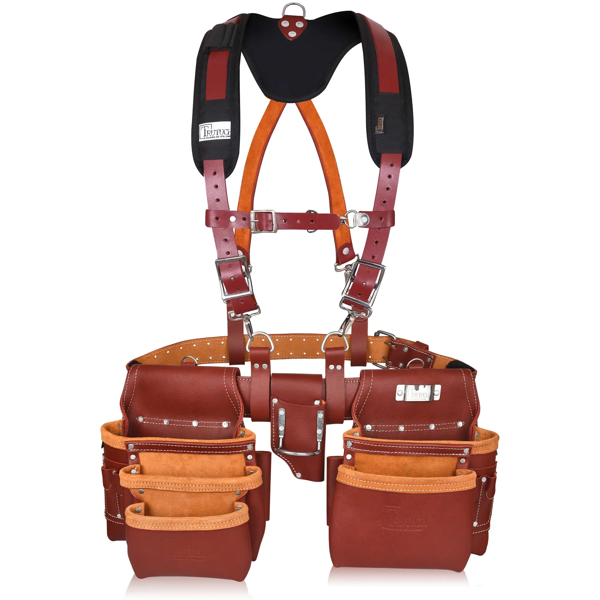 Trutuch Maroon Leather Tool Belt with Suspender, 100% Genuine Leather & Nylon, Padded Yoke, 2 Pockets, D-Ring for Easy Storage