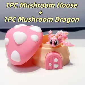 2pcs  set Collectible Figurines, 3D Printed Cute And Adorable Mushroom House + Mushroom Dragon Model Plastic Figurine for Desktop Decoration, Sculpture Ornament, Decorative Sculptures, Holiday Gift