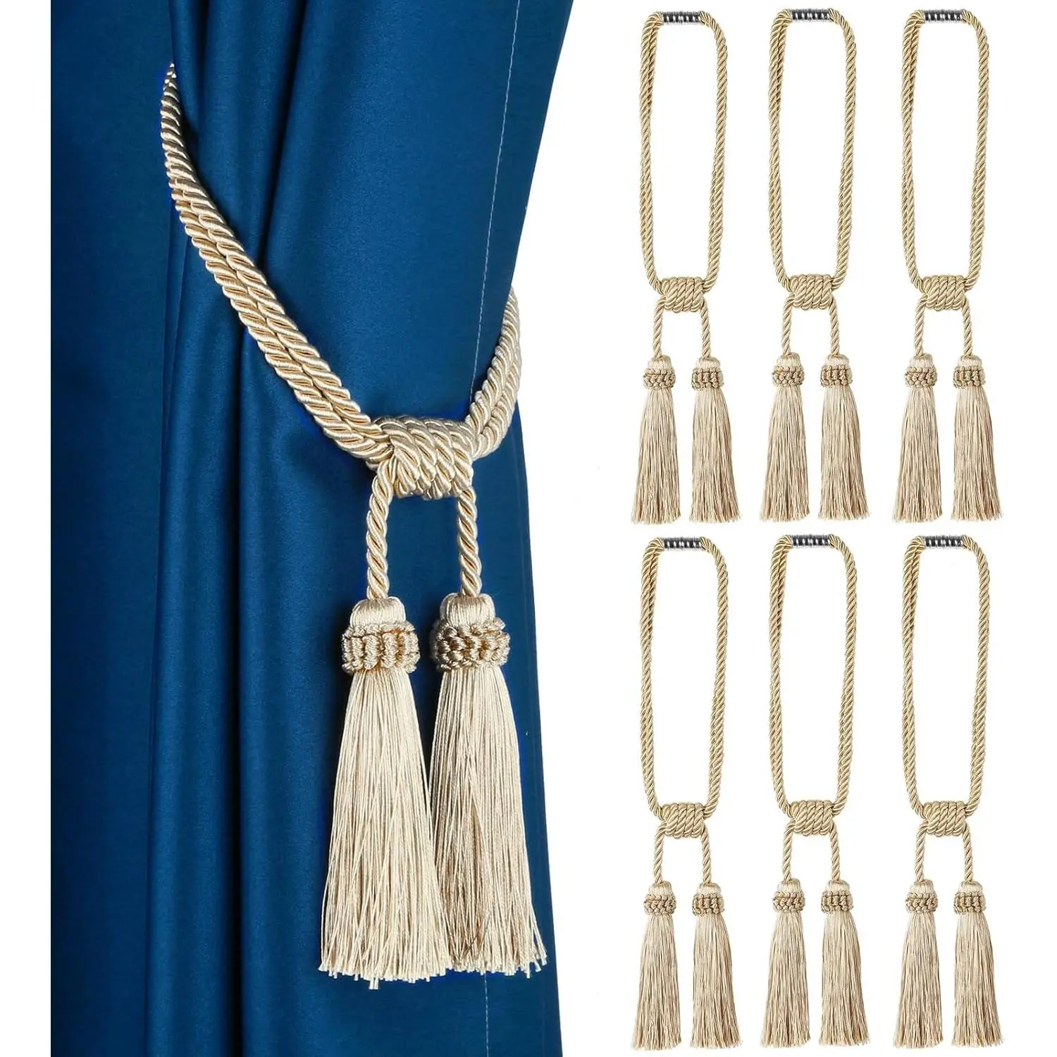 Curtain Tiebacks Tassel Curtain Tieback Modern Handmade Tie Backs,Decorative Tassel Holdback for Draperies,Window Decor (Beige, 6 Pack)