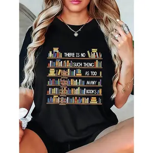 Women'S Casual Short Sleeve T-Shirt with Bookshelf Graphic - "There Is No Such Thing as Too Many Books" Print, Perfect for Book Lovers, Allseason Top | Bookshelf Design | Comfortable Fit, Book Lover Gifts