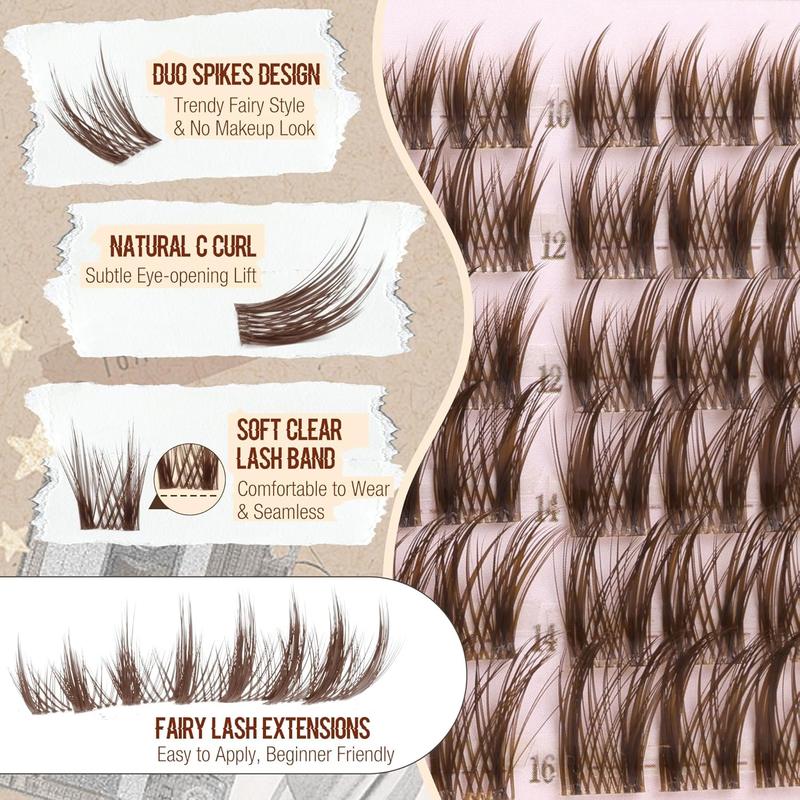 Anime Cluster Lashes Brown Cluster Eyelash Extensions Tool Fairy Eyelash Clusters Wispy Lash Clusters Dark Brown Individual Lash C-Curly Lash Extension Spiky Manga DIY Eyelashes Pack (108Pcs, 10-16MM)