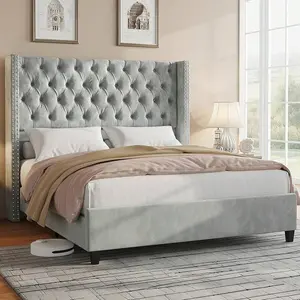 Queen/King Size Bed Frame Velvet Upholstered Platform Bed With 51.6'' Tall Wingback Headboard And Deep Button Tufted Design, Modern Bedroom Furniture Bed, No Box Spring Needed, Light Grey apartment coffee living room mirror couch