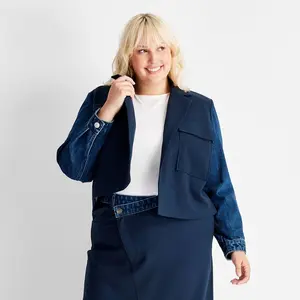 Women's Contrasting Denim Cropped Blazer - Future Collective Navy Blue 4X