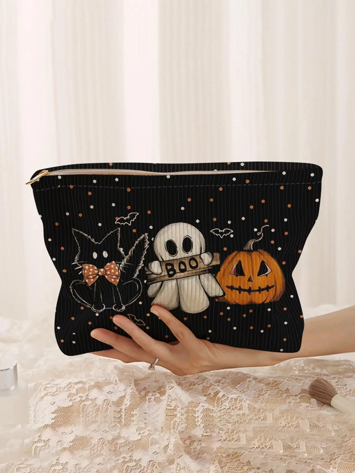 Halloween Ghost Pumpkin Print Makeup Bag, Casual Fashion, Elegant Multi-Functional Storage Bag, Travel Cosmetic Bag for Women