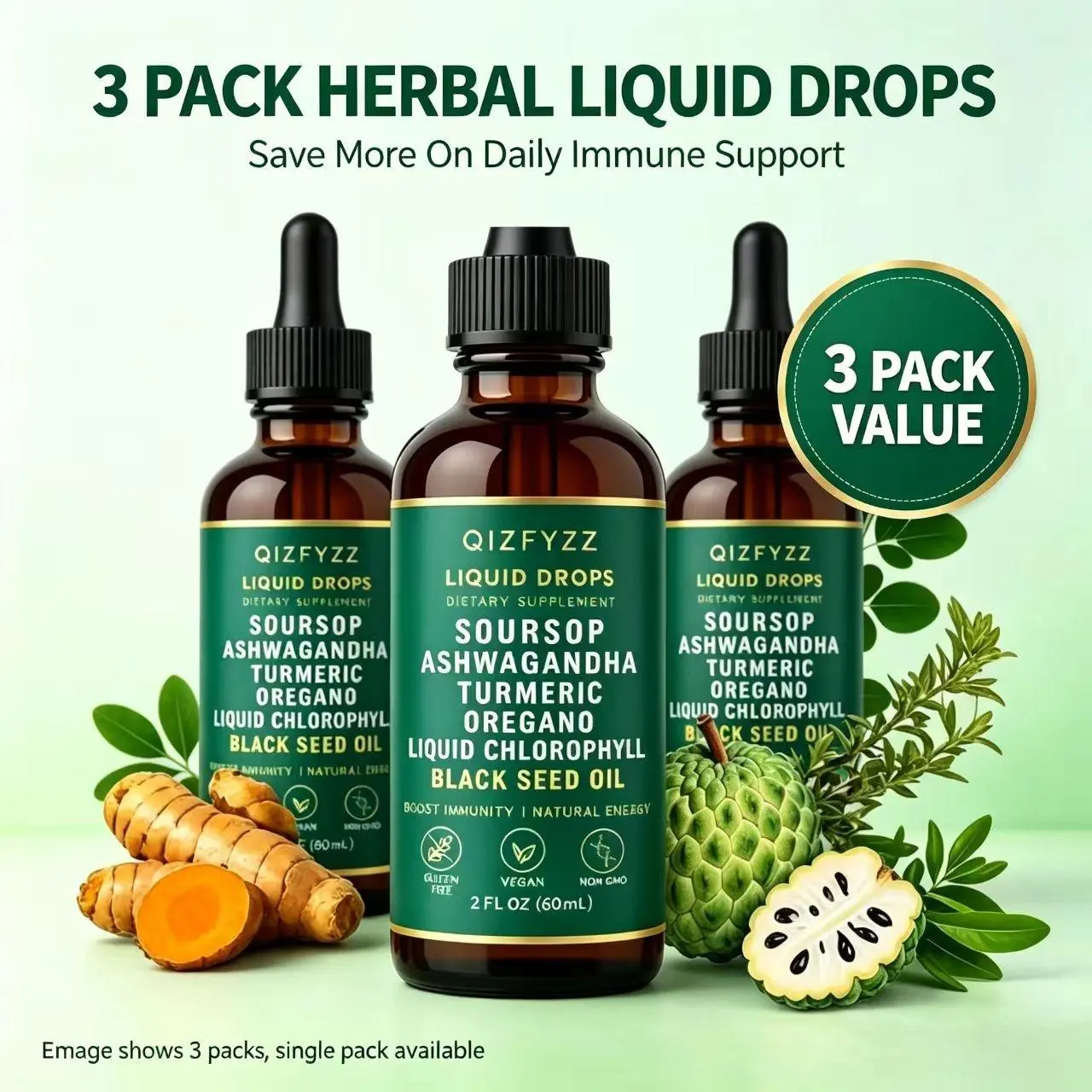 【3 pack】qizfyzz Soursop Bitters Liquid Drops 10-in-1 with Nori, Moringa, Turmeric, Black Seed Oil, Oregano, Ashwagandha | Herbal Extracts for Overall Health | Vegan, Non-GMO | 2 fl oz