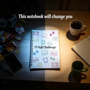A5-sized 75-day Mild Challenge Log and Planning Notebook – a spiral-bound journal for time management, efficiency tracking, weekly/monthly schedules, and office supplies.