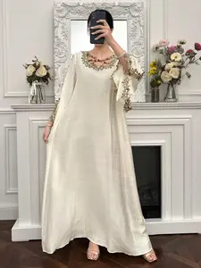 Women's Loose Casual Long Sleeve Arabic Style Dress, 3D Lace Applique and Cross Design, Fashionable Comfortable Fabric, Middle East Ramadan Clothing