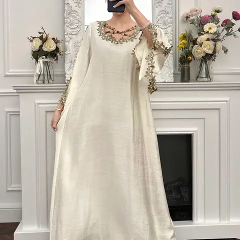 Women's Loose Casual Long Sleeve Arabic Style Dress, Floral Dresses, 3D Lace Applique and Cross Design, Fashionable Aesthetic Soft Comfortable Fabric, Middle East Ramadan Clothing Summer Casual Everyday Wear, Womenswear