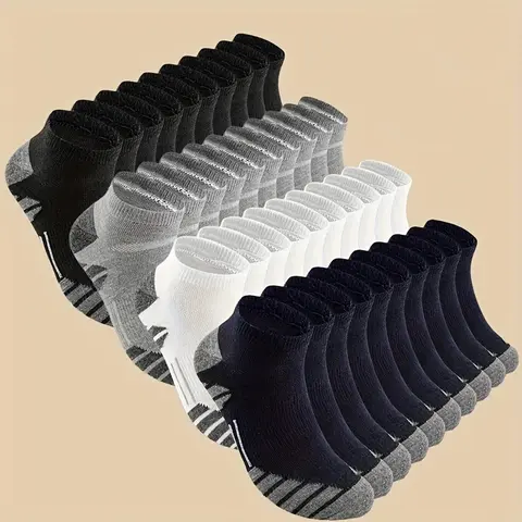 Men's Solid Color Cotton Ankle Socks Set - 8/20/30/40 Pairs Mix (20 Pairs of Black Option), 4-Season, Sweat-Absorbing, Breathable, Foldable, Comfy for Daily & Casual Occasions