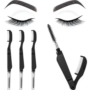 4 Pcs Eyelash Combs Eyebrow Combs Foldable Eyelash Separator Tool Stainless Steel Teeth Brow Brushes Mascara Brushes Eyebrow Spoolie Grooming Makeup Tool, Black