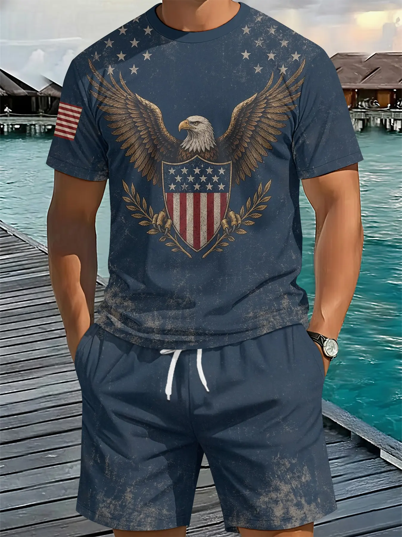 Men's Vintage Washed Eagle Emblem Set, 3D Digital Printed 2-Piece Outfit, Trendy Fashion Suit, Retro Casual Two-Piece Set, Vacation-Style Trendy Wear, Breathable Sports Casual Style, Perfect Festival Gift for Men