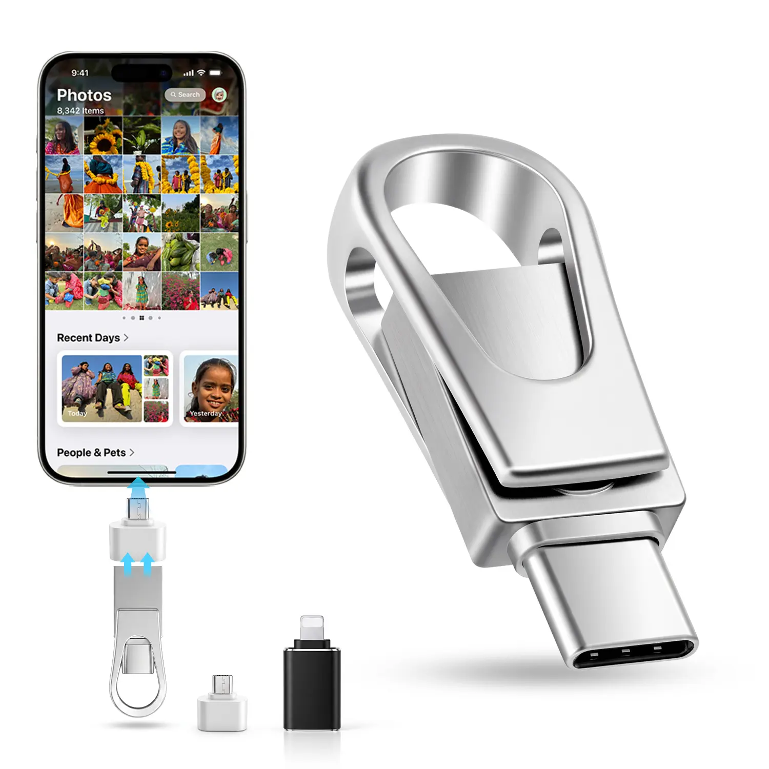 USB 3.0 Flash Drive 4-in-1 OTG Thumb Drive(64GB,128GB,256GB), USB-C & USB-A Memory Stick with Lightning & Micro USB Adapters, Portable Keychain Data Storage for iPhone, Android, PC, Laptop & Tablet