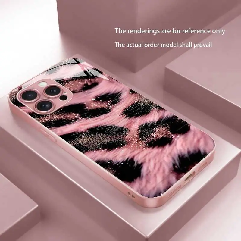 Plush-Feel Pink and Black Leopard Print For iPhone 17 Electroplated Gold Glass Phone Case For iPhone 15 Pro Max/14 HNAA49PLQWE