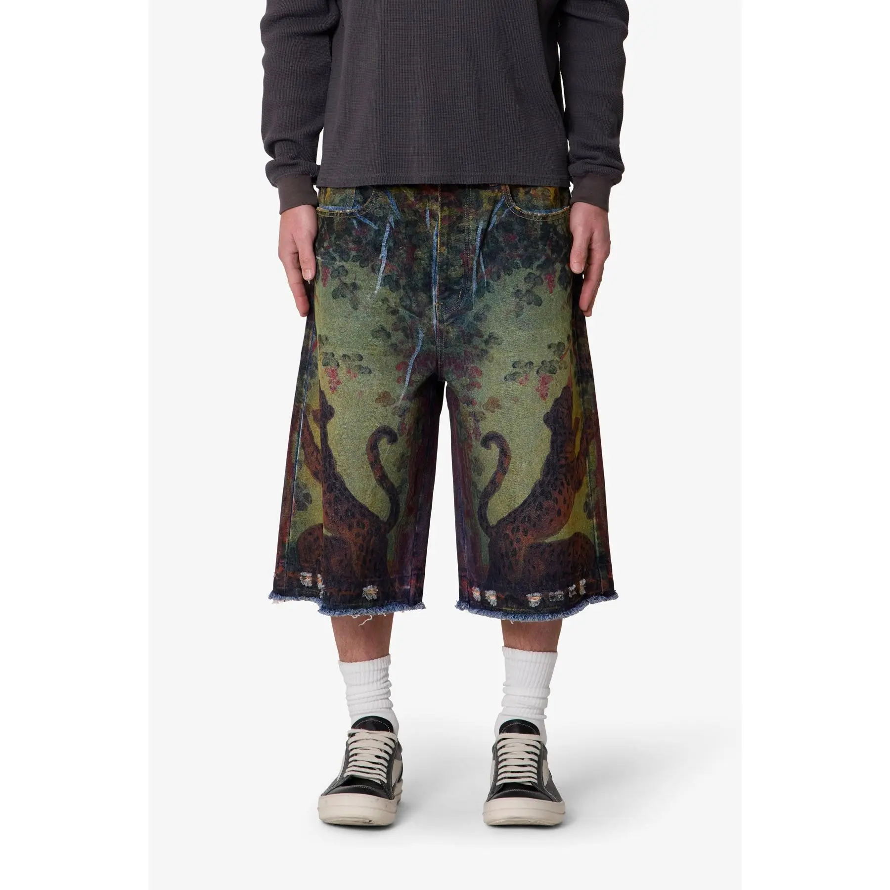 mnml Ultra Baggy Leopard Denim Shorts - Multi Vintage Sublimation