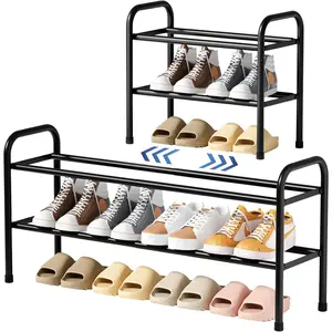Extendable Shoe Rack - 2-Tier Adjustable Metal Shoe Organizer, Sturdy Rust-Resistant Shoe Shelf for Entryway, Closet, or Bedroom, 17.5"-32.6" x 9.1" x 15.4", Black
