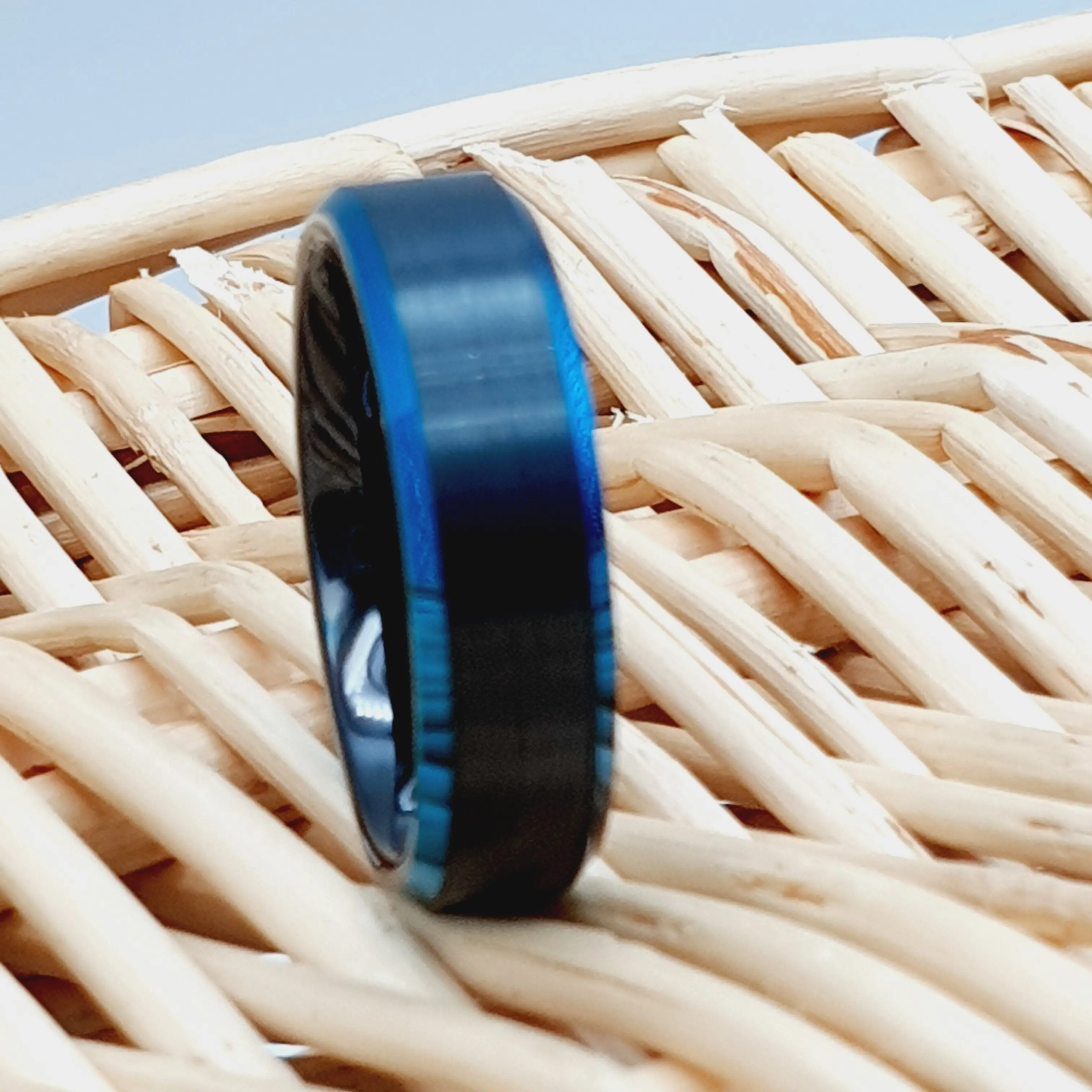 Men's Tungsten & Carbon Ring with Engraving - Black and Blue Groom Band for Aquarius Promise and Engagement Ring