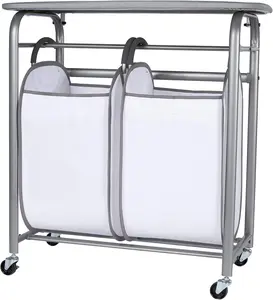 Laundry Sorter with Ironing Board - 3-in-1 Laundry Basket, Ironing Station & Laundry Folding Table - 2 x Tote Hampers for Laundry, Towels & Bathroom Storage