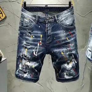 Nexus Garbs Elastic Slim Fit Trendy Ripped Patch Denim Shorts Men's Paint Graffiti Five-point Fashion Brand Personalized Youth Mid-pants Graphic Jeans