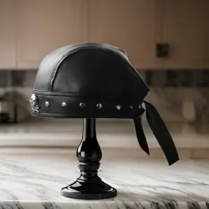 Leather Biker Doo Rag Headwrap - Studded Skull Cap Du Rag, Black Bandana Style