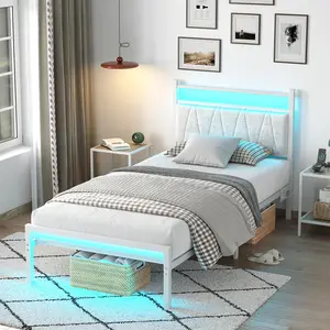 COLLAREDEAGLE Twin Bed Frame with Charging Station LED Light Bed Gray Upholstered Headboard Underbed Storage Heavy Duty Slat Support No Box Spring Required Quiet Assembly Black