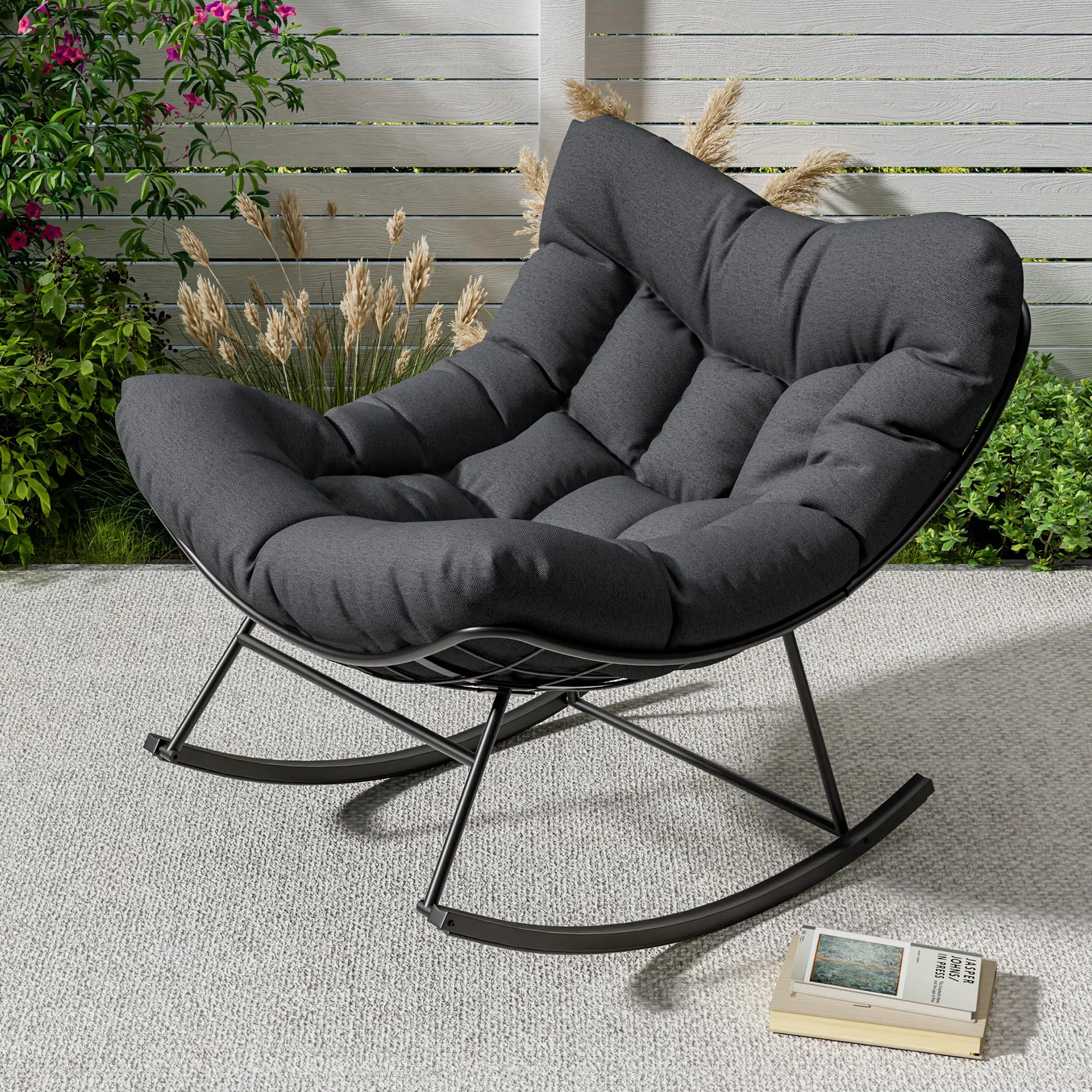 Outdoor Rattan Egg Rocking Double Papasan Chair, Durable Oversized Lounge Chair with Sturdy Metal Frame, 40*28*34 inches, Ideal for Front Porch, Balcony