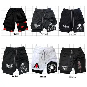 Y2K Performance Anime Shorts Men Quick-drying Fitness Skull Print Double Layer Shorts for Workout Training Running Bodybuilding Sportwear