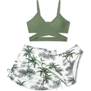 Girls 3 Piece Allover Printed Criss Cross Bikini Set with Cover Up Skirt Bathing Suit Beach Swimwear for 7-16 Years