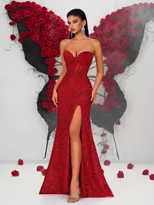 Elegant Women's Sequin Halter Mermaid Evening Dress, Split Thigh Long Skirt, Perfect for Formal Events, Carpet, High Society