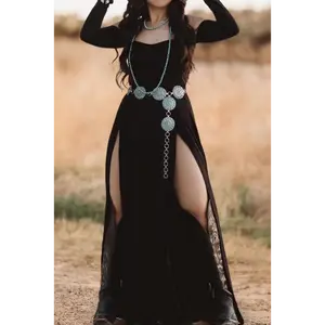 Women's Off-shoulder Slit Dress Black Casual dress outfits elegantoutfits Skirt Cotton