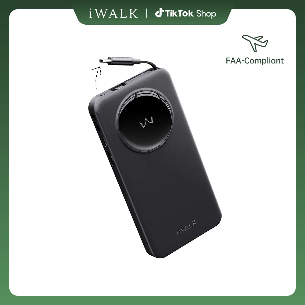 iWALK 10000mAh Ultra-Thin 30W PD Fast Charging Power Bank - Portable Device with Built-in Retractable USB-C Cable, White Compact Phone Accessory for Smartphones, Outdoor Use, Tech Accessories summerwins,summerwins
