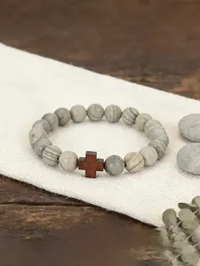 Men's Natural Stone Beaded Cross Bracelet, Beaded Bracelets, Wooden Cross Pendant, Elastic Handmade Prayer Faith Jewelry Gift, Religious Accessory, Cross Beads Bracelet