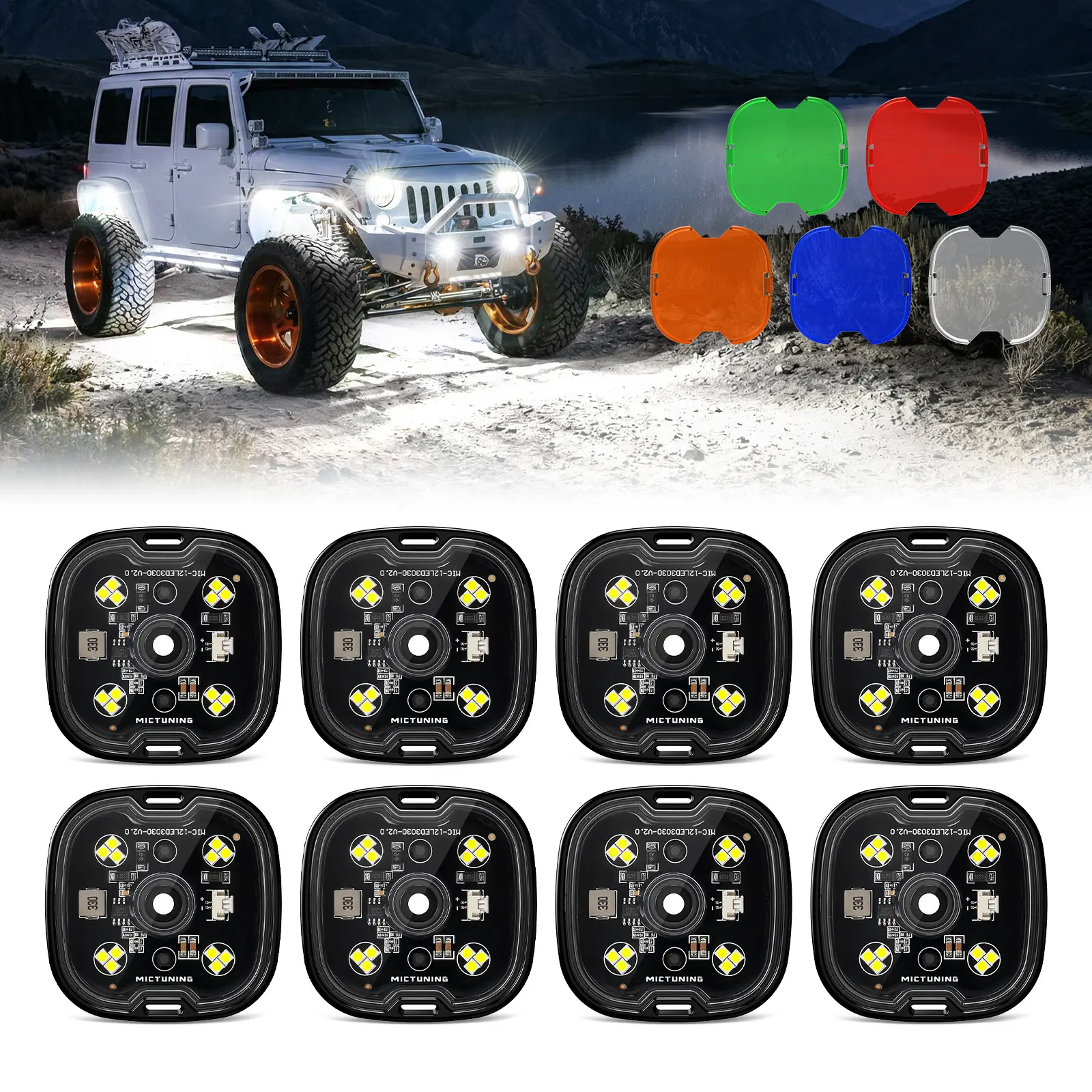 MICTUNING C6 White Rock Lights with 5 Lens Cover, 4-12 Pods, Spot/Flood Beam Interchangeable Colorful Lens, High Brightness Waterproof Multifunctional Off-Road Lighting Kit
