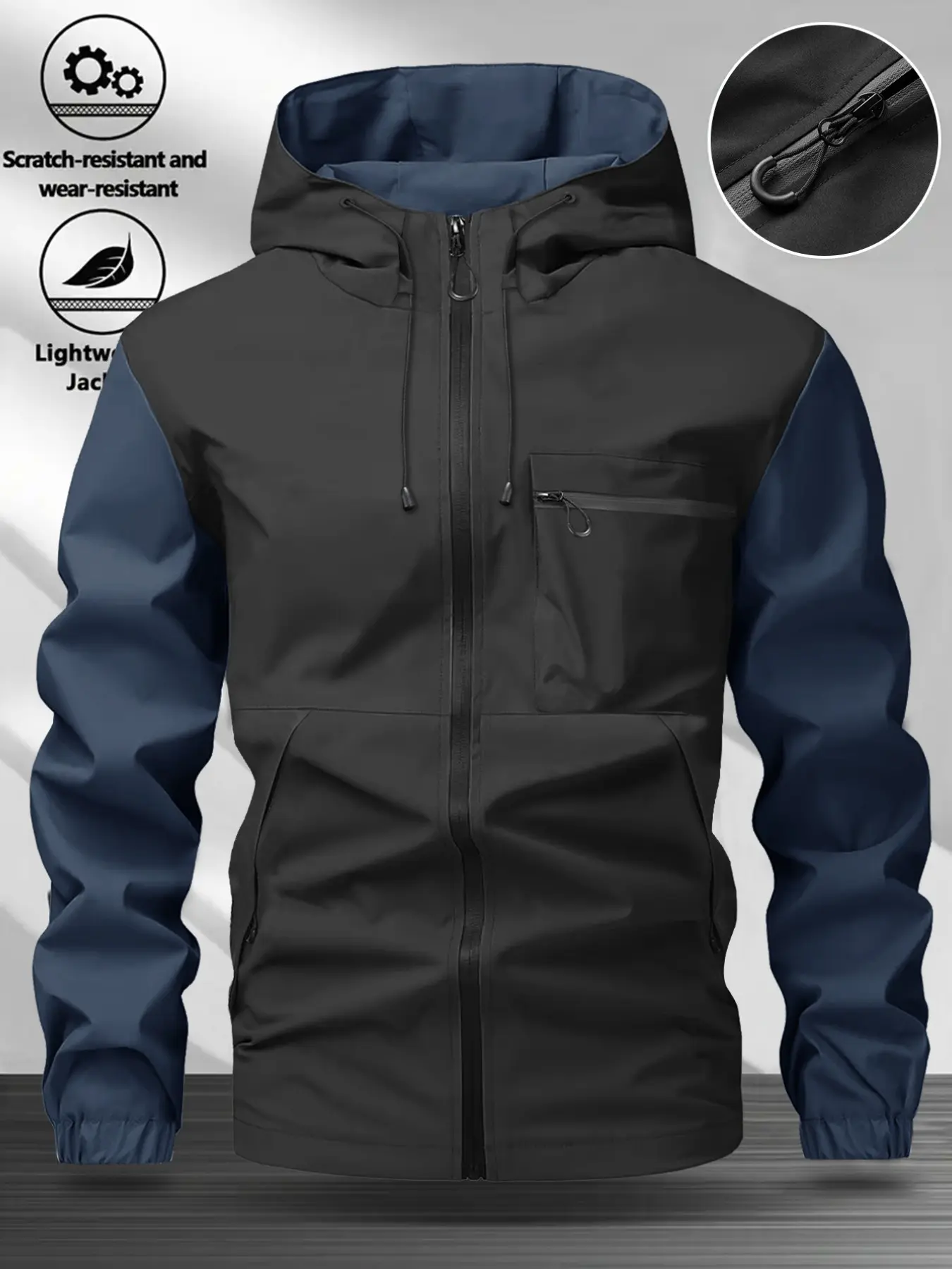 Men's Casual Hooded Chest Pocket Jacket, Colorblock Design, Zipper Pockets, Windproof Soft Shell Fabric, Soft Shell Jackets, Sporty Outdoor Coat, Outdoor Sports Outerwear, Casual Athletic Jacket