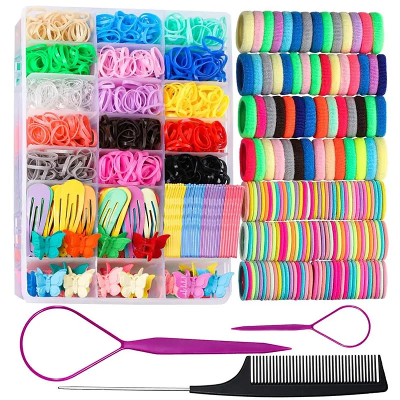 1500 pcs Hair Accessories Coloful Rubber Bands Clips Set With Comb Multicolor Set