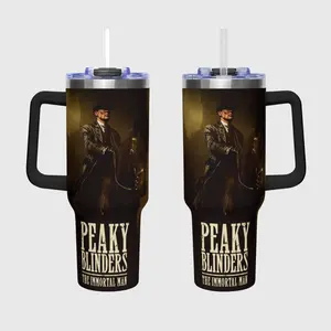Peaky Blinders Tumbler, Tommy Shelby The Immortal Man Design, 40oz Insulated Mug with Handle & Straw, Vintage Style Cup