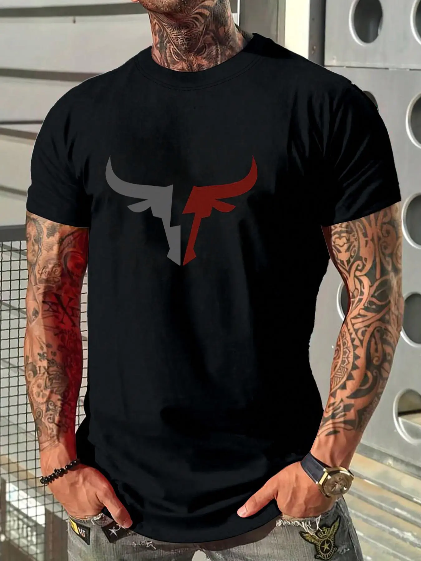 Men's Regular Fit Bull Print Round Neck Tee, Casual Streetwear Short Sleeve Crew Neck T-Shirt for Daily Wear, Men's Top for All Seasons