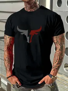 Men's Regular Fit Bull Print Round Neck Tee, Casual Short Sleeve Crew Neck T-Shirt for Daily Wear, Men's Top for All Seasons