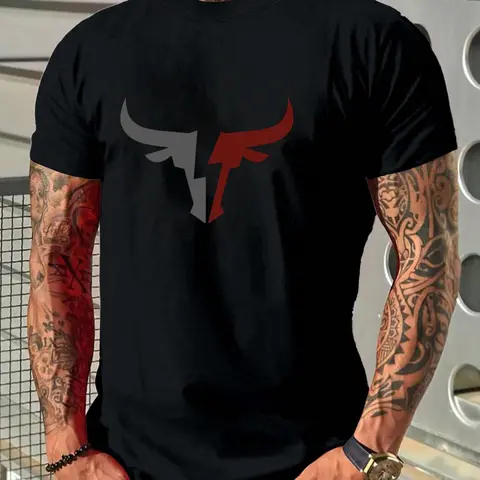 Men's Regular Fit Bull Print Graphic T Shirts Round Neck Tee, Casual Short Sleeve Crew Neck T-Shirt for Daily Wear, Men's Top for All Seasons