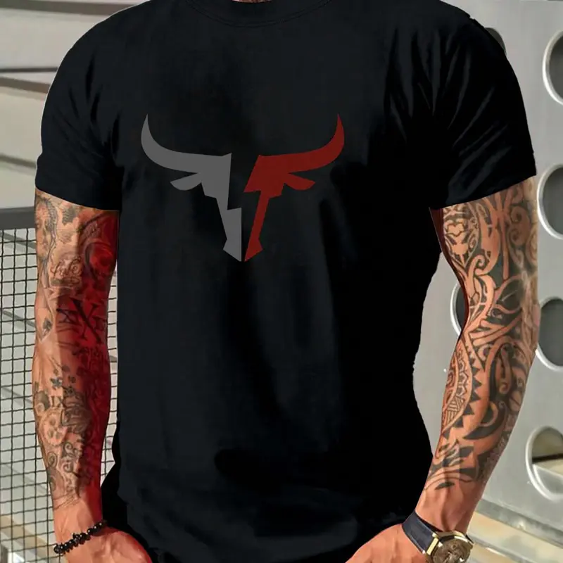 Men's Regular Fit Bull Print Graphic T Shirts Round Neck Tee, Casual Short Sleeve Crew Neck T-Shirt for Daily Wear, Men's Top for All Seasons