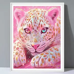 Pink Leopard Animal Gem Diamond Embroidery Paintings No Frame,Full Round Diamond Painting New Tools Living Room Wall Decoration