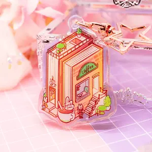 Book Cafe Acrylic Keychain, Cute Tiny Town Acrylic Keychains, Cozy Autumn Charm Gift, Book Lovers, Reading, Cats, Animals, Kawaii Keychain Accessories