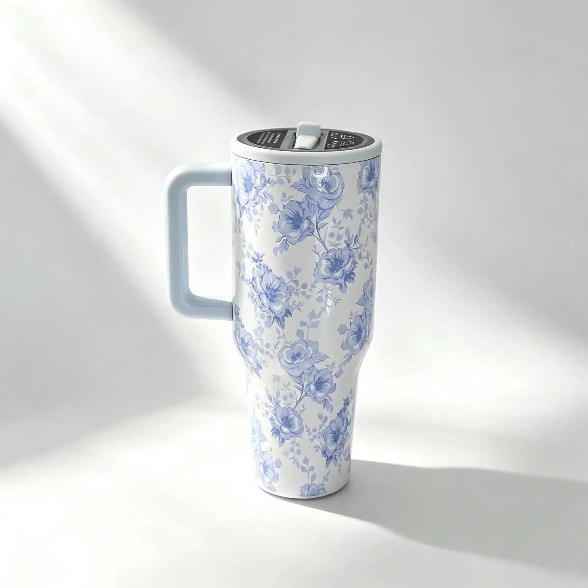 HydroJug 40oz Light Blue Floral Print Stainless Steel Tumbler, Wide Comfort Handle, Matching Light Blue Straw Lid, Leak-Proof, Up To 24 Hour Cold Retention, Portable Water Bottle for Car Use, Camping, Office & campus