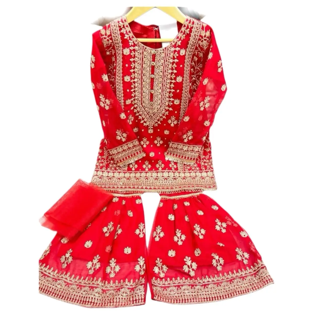 Zarı Girls Sharara Dress Set with 3-Piece Ensemble, Embroidered Zarı Design, Flowing Sharara, and Net Dupatta for Special Occasions